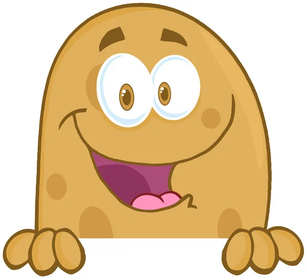 Carácter de la mascota de dibujos animados de patata sobre un signo — Foto de Stock
