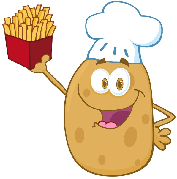 Chef de patata sosteniendo unas papas fritas —  Fotos de Stock