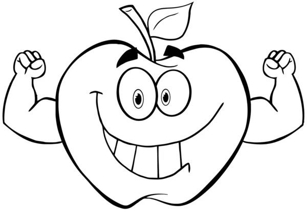 Outlined Apple Cartoon Character With Muscle Arms — Stock Photo, Image