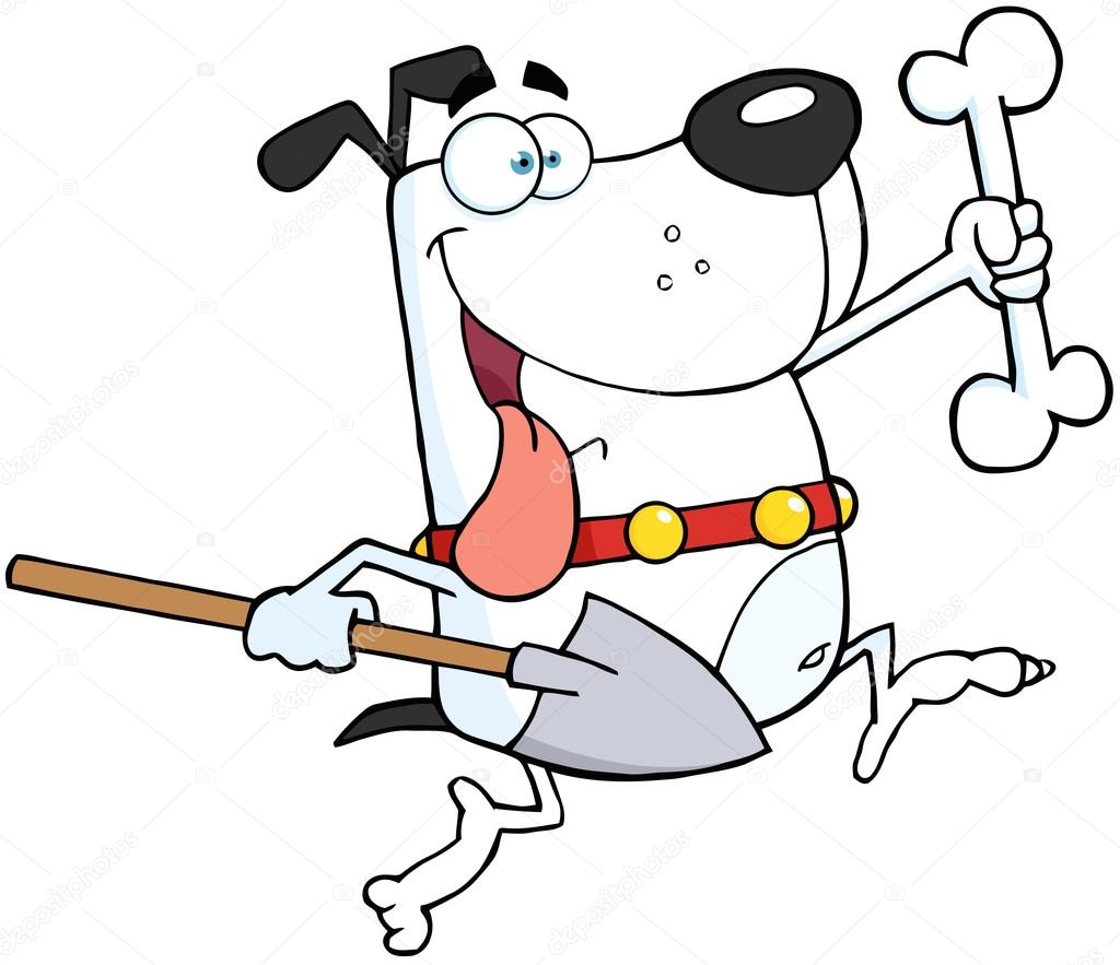 Running White Dog With A Bone And Shovel