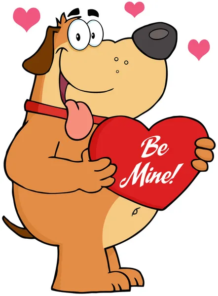 Fett hund håller upp ett rött hjärta med text — Stockfoto