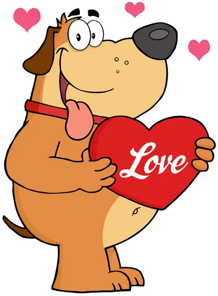 Dog holding up a Red Heart with Text Love — стоковое фото