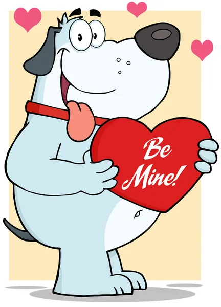 Grå tjock hund håller upp ett rött hjärta med text — Stockfoto