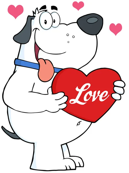 Perro blanco sosteniendo un corazón rojo con texto — Foto de Stock