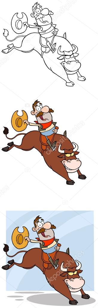 Cowboy Riding Bull In Rodeo Cartoon Mascot Characters