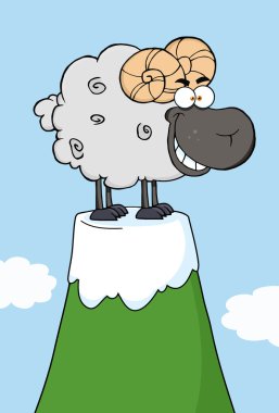 dağ tepe üzerine siyah ram çizgi film maskot karakteri