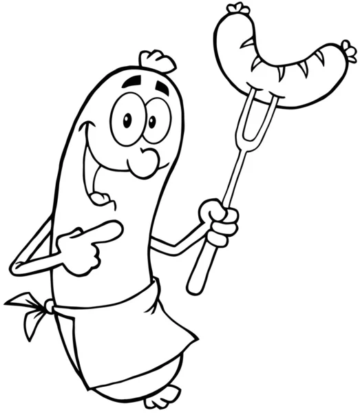Przedstawione kiełbasa kreskówka maskotka z kiełbasą na widelec — Zdjęcie stockowe