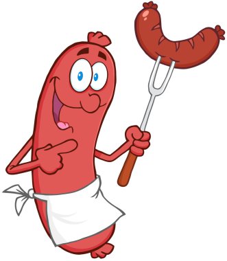 sosis çizgi film maskot karakteri sosisli çatal üzerinde