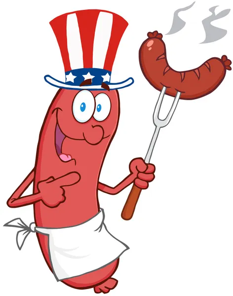 Sausage With American Patriotic Hat And Sausage On Fork — Stock Photo, Image