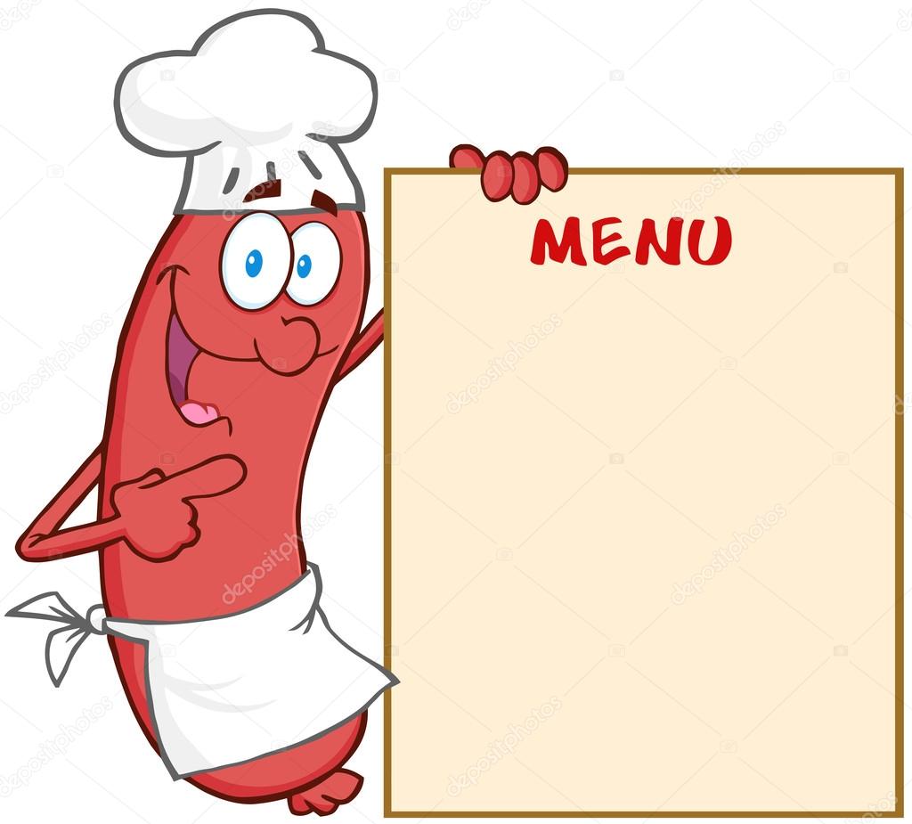 sausage chef cartoon mascot character showing menu 