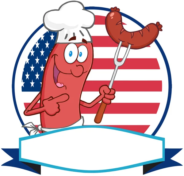 Sausage Logo Over A Circle And Blank Banner In Front Of Flag Of USA