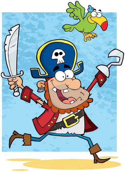 Pirat, trzyma miecz i hak z papuga — Zdjęcie stockowe