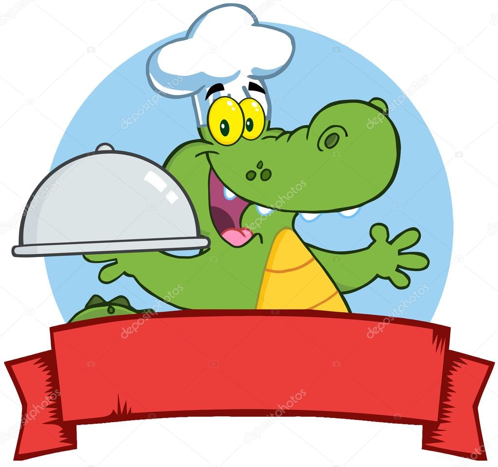Happy Crocodile Chef Holding A Platter Over A Blank Banner