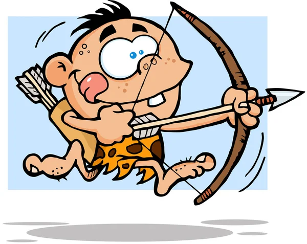 Пещерный мальчик бежит с луком и стрелой — стоковое фото