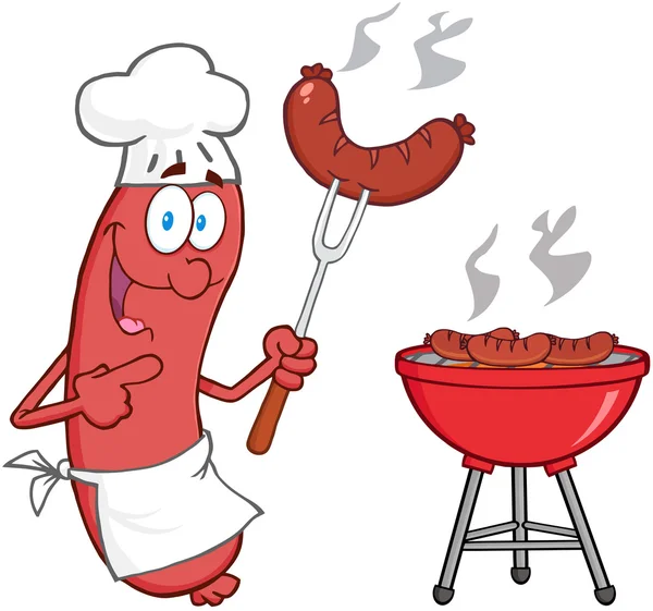 Happy Sausage Chef Cook At Barbecue — Zdjęcie stockowe