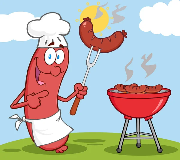 Gelukkig worst chef-kok aan de barbecue — Stockfoto