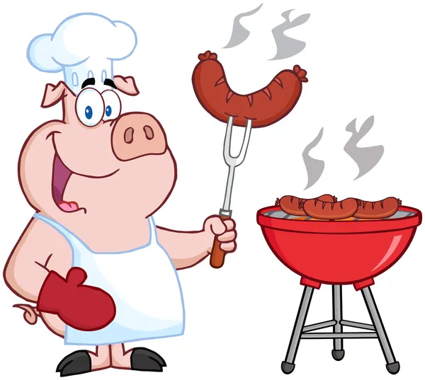 Kuchař kuchař šťastný prase na grilu — Stock fotografie