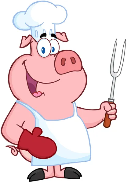 快乐的猪厨师拿叉子 — 图库照片