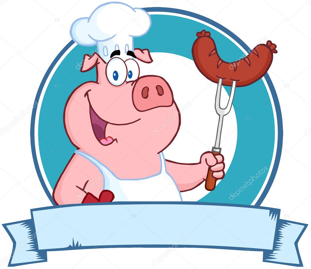 Happy Pig Chef Holding A Sausage On Fork Over A Blank Banner