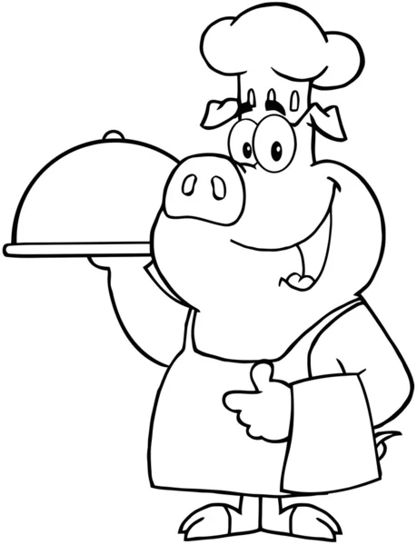 Outlined Pig Chef Holding A Platter — Stock Photo, Image