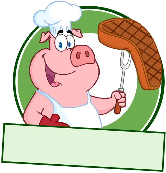 快乐的猪厨师持有一份牛排 — 图库照片