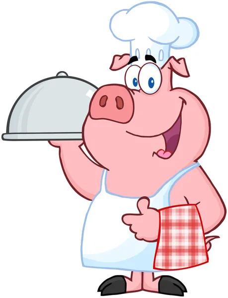 Šťastný prase šéfkuchař drží talíř — Stock fotografie