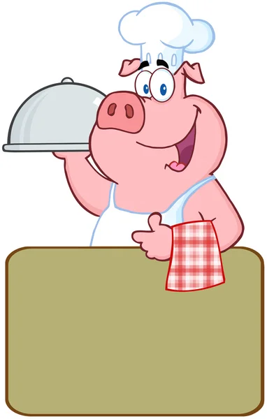 Счастливый шеф-повар свинья над A пустой знак — стоковое фото