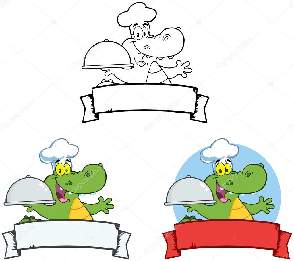 Crocodile Chef Holding A Platter Over A Blank Banner.Collection