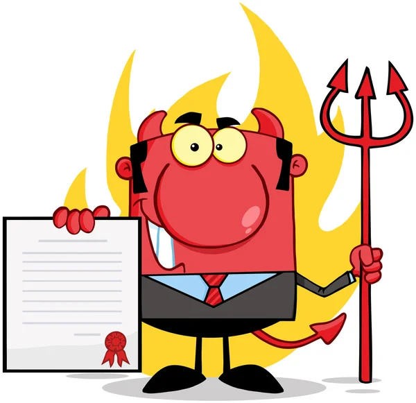 Devil Boss With A Trident Holds Up A Contract In Front Of Flames — Stock Photo, Image