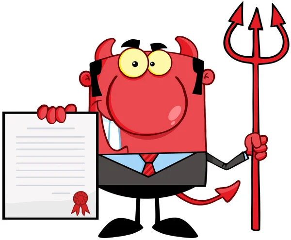 Devil Boss With A Trident Holds Up A Contract — Stock Photo, Image