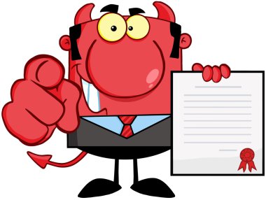 bir sözleşme ve el parmak işaret şeytan patron tutar