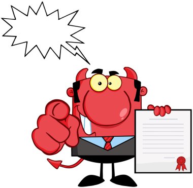 Şeytan bir sözleşme ve konuşma balonu parmakla işaret eden el tutar.