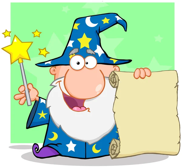 Happy Wizard Holding Up A Scroll — Stock Photo, Image