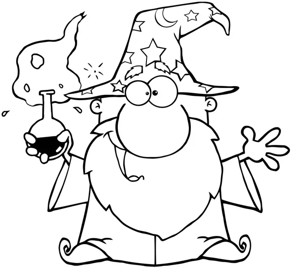 Outlined Crazy Wizard Holding A Magic Potion — Stock Photo, Image