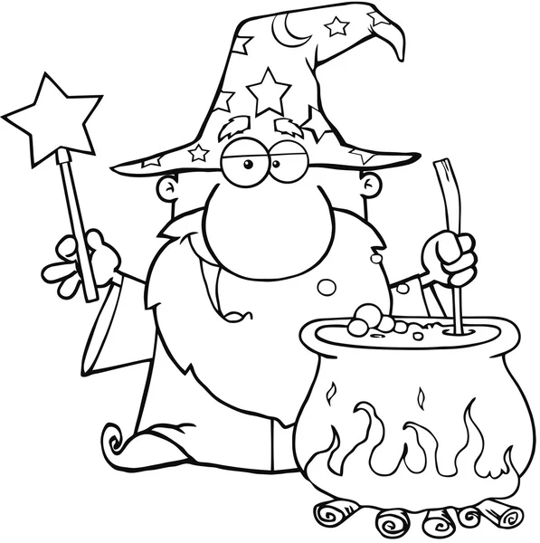 Outlined Wizard Waving With Magic Wand And Preparing A Potion — Stock Photo, Image