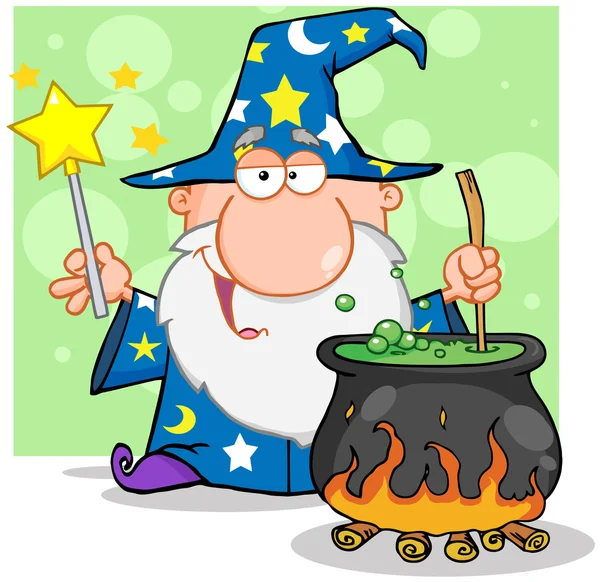 Wizard Waving With Magic Wand And Preparing A Potion — Stock Photo, Image