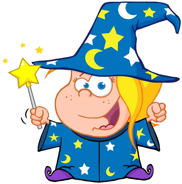 Wizard Girl Waving With Magic Wand — Stock Photo, Image