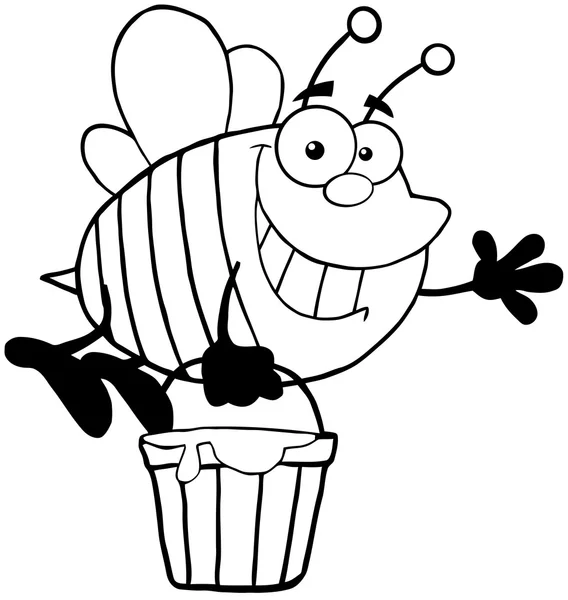 Delineado sonriente abeja volando con un cubo de miel —  Fotos de Stock
