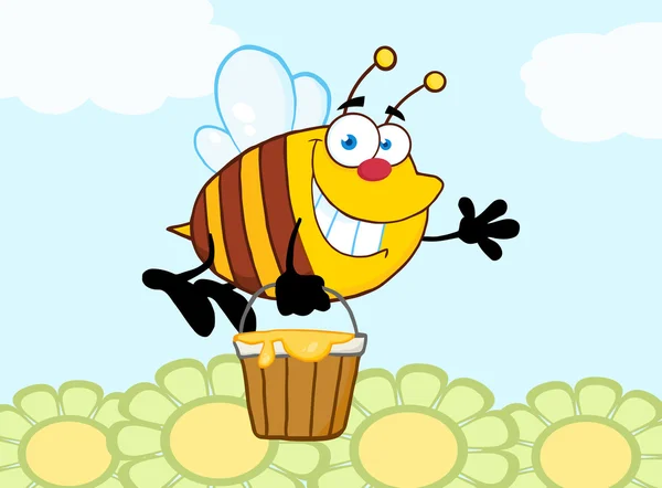 Bee Flying With A Honey Bucket And Waving For Greeting Over Flowers — Stock Photo, Image