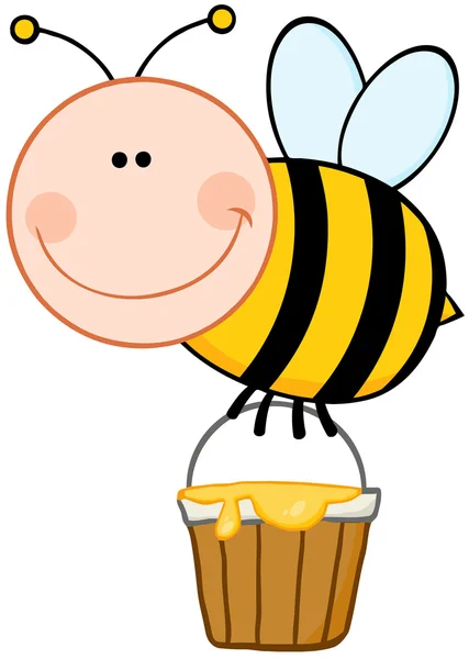 Abelha sorrindo voando com um balde de mel — Fotografia de Stock