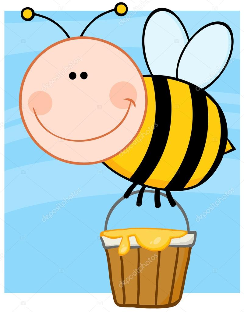 Happy Bee Flying With A Honey Bucket