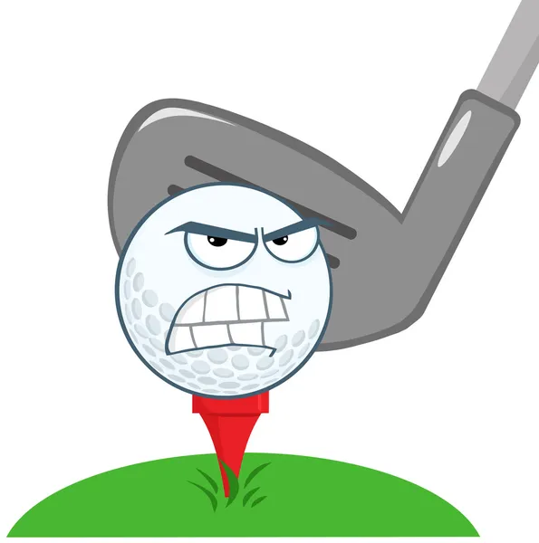 Angry Golf Ball Over Tee Going To Be Hit By Golf Club — Stock Photo, Image
