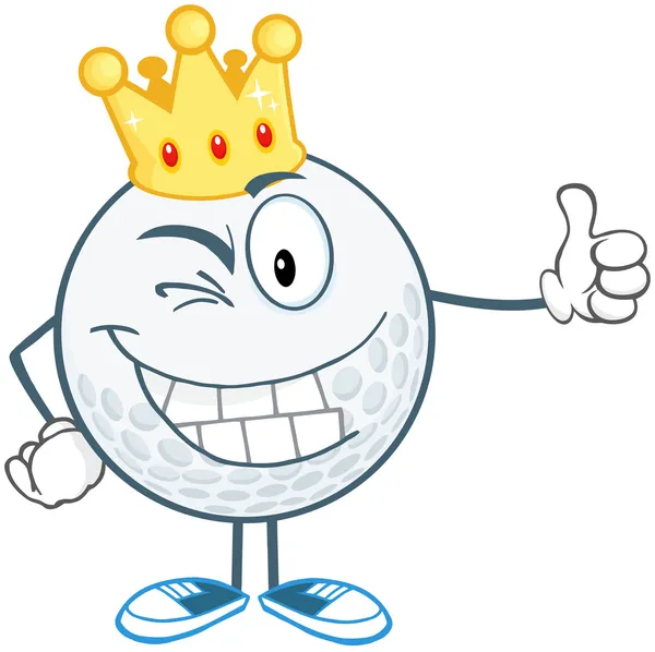 Winking Golf Ball Character With Gold Crown Holding A Thumb Up — Stock Photo, Image