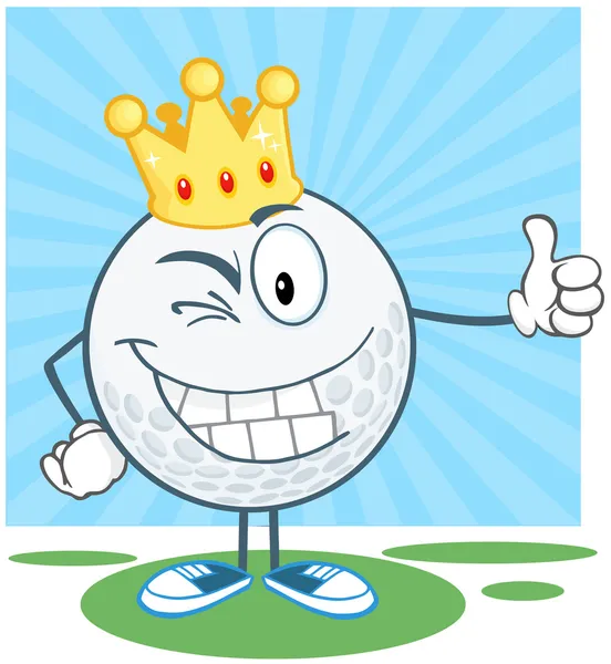 Winking Golf Ball With Gold Crown Holding A Thumb Up — Stock Photo, Image