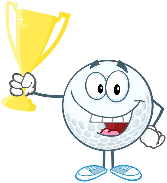 Ödül kupa bardak tutan mutlu golf topu — Stok fotoğraf