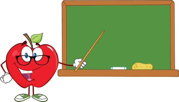 Jabłko nauczyciela postać wskaźnika przed tablica — Zdjęcie stockowe