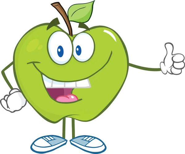 Zelené jablko kreslená postava drží palec — Stock fotografie