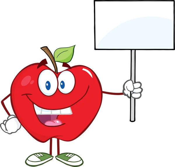 Apfel-Cartoon-Figur hält ein leeres Schild hoch — Stockfoto