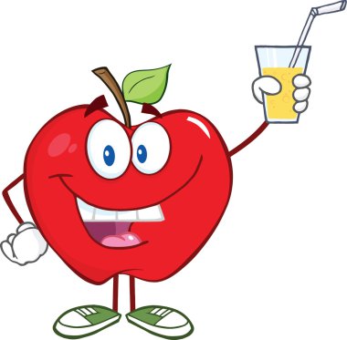 bir bardak içki ile tutan apple çizgi film karakteri