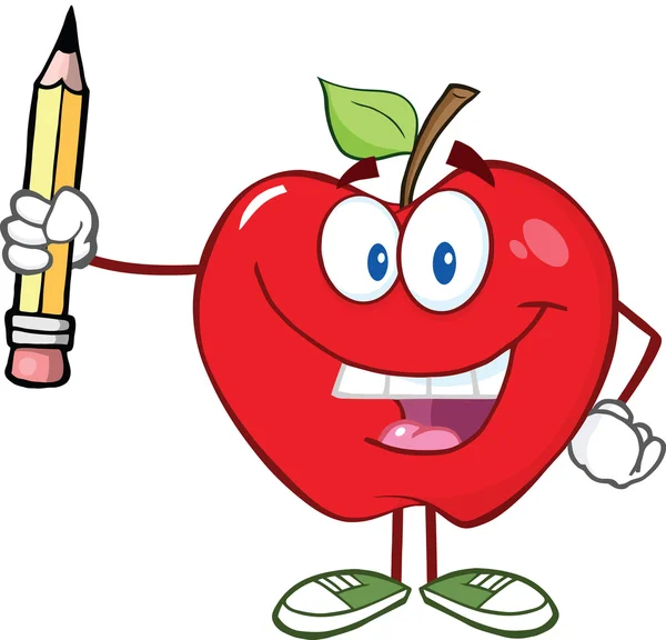 Red Apple Character Holding Up A Pencil. — Stock Photo, Image